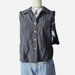 Talbots Gingham Linen Cotton Button up Sleeveless Top - Large